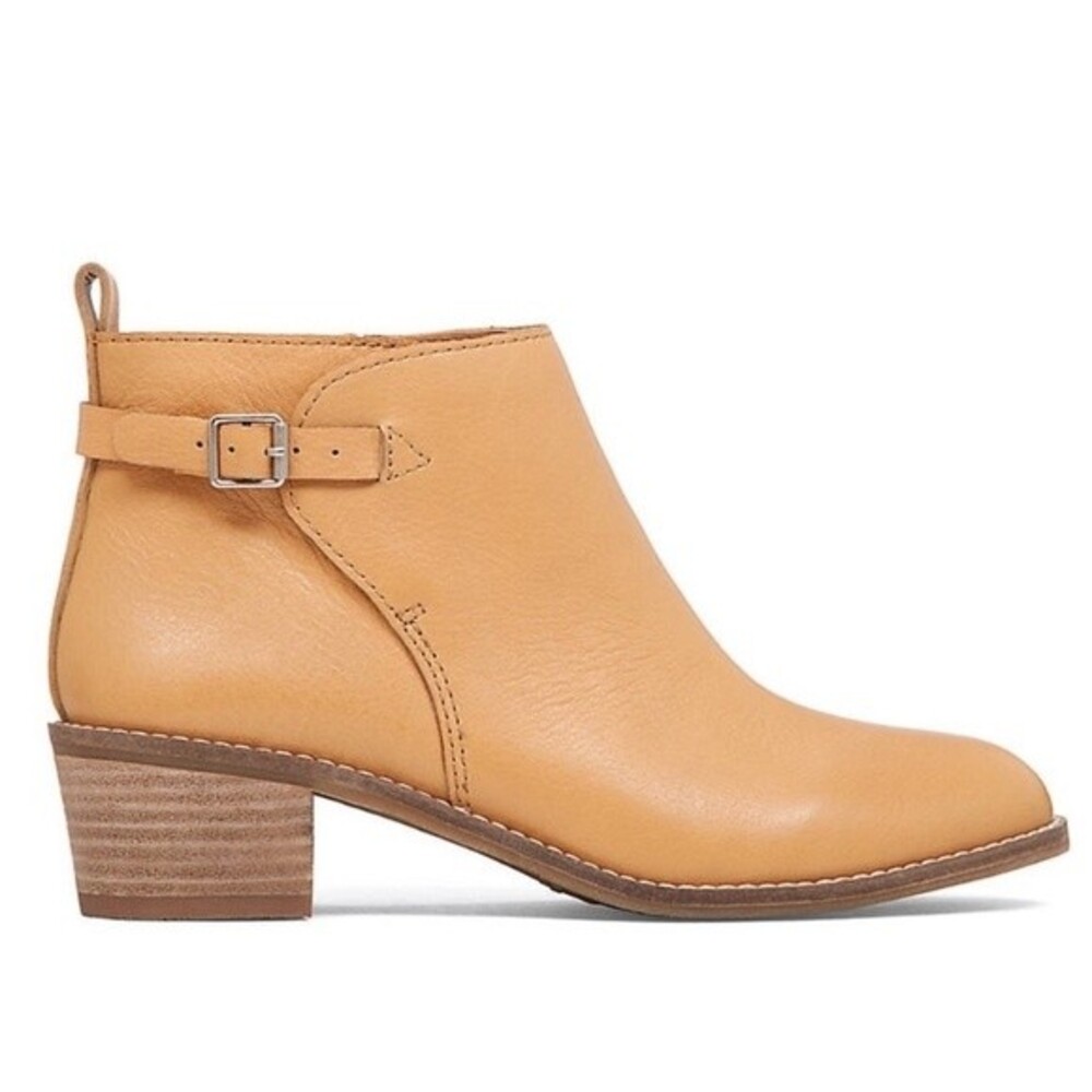 Lucky Brand Harpiee Golden Brown Leather Bootie Zip Strap Buckle Low Block Heel